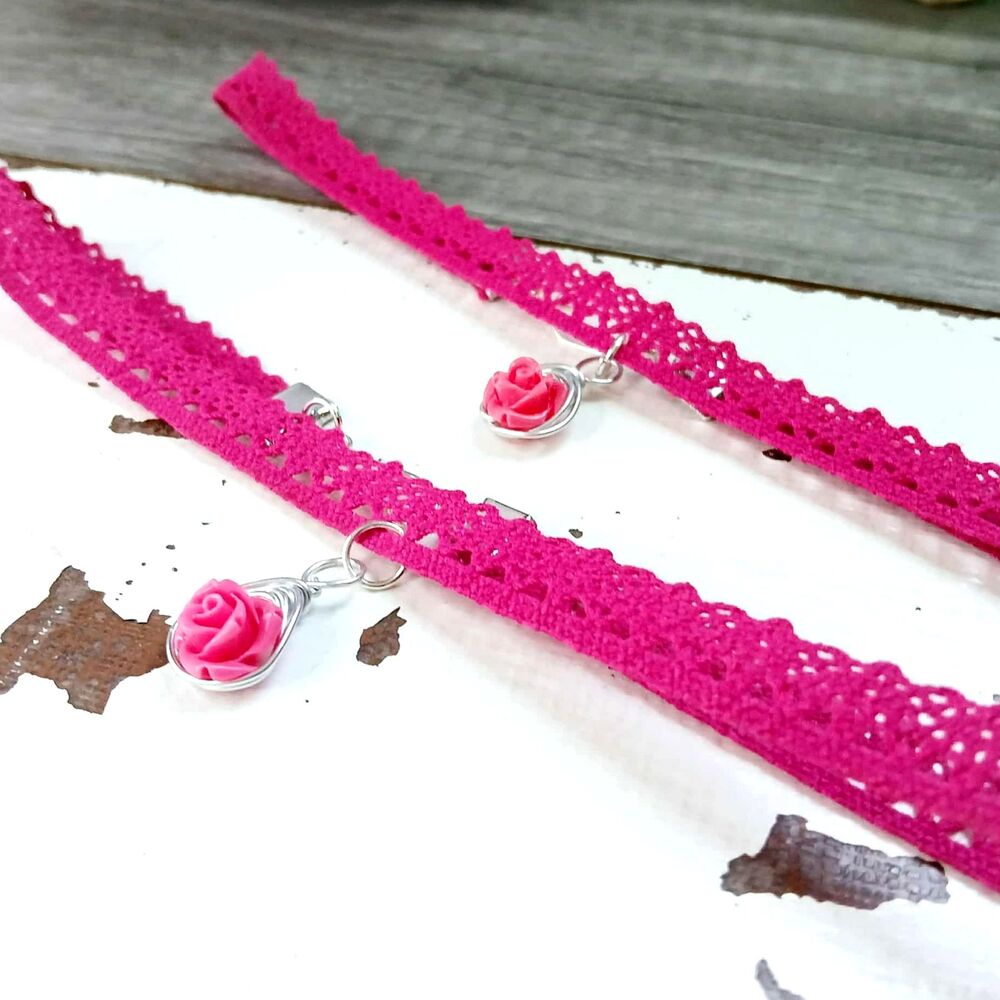 Pink Rose & Lace Choker Necklace, Floral Jewelry, Summer Accessories
